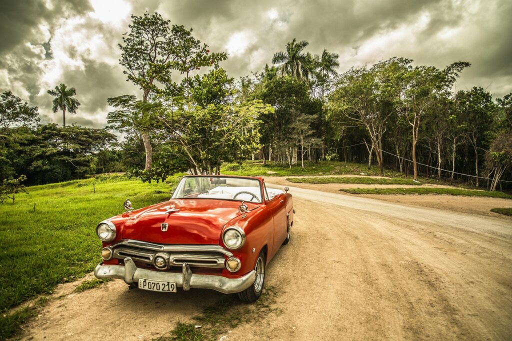 oldtimer, car, old car, convertible, red car, shiny car, car wallpapers, retro, classic, vintage, nature, vintage car, automotive, automobile, parked car, forest, cuba